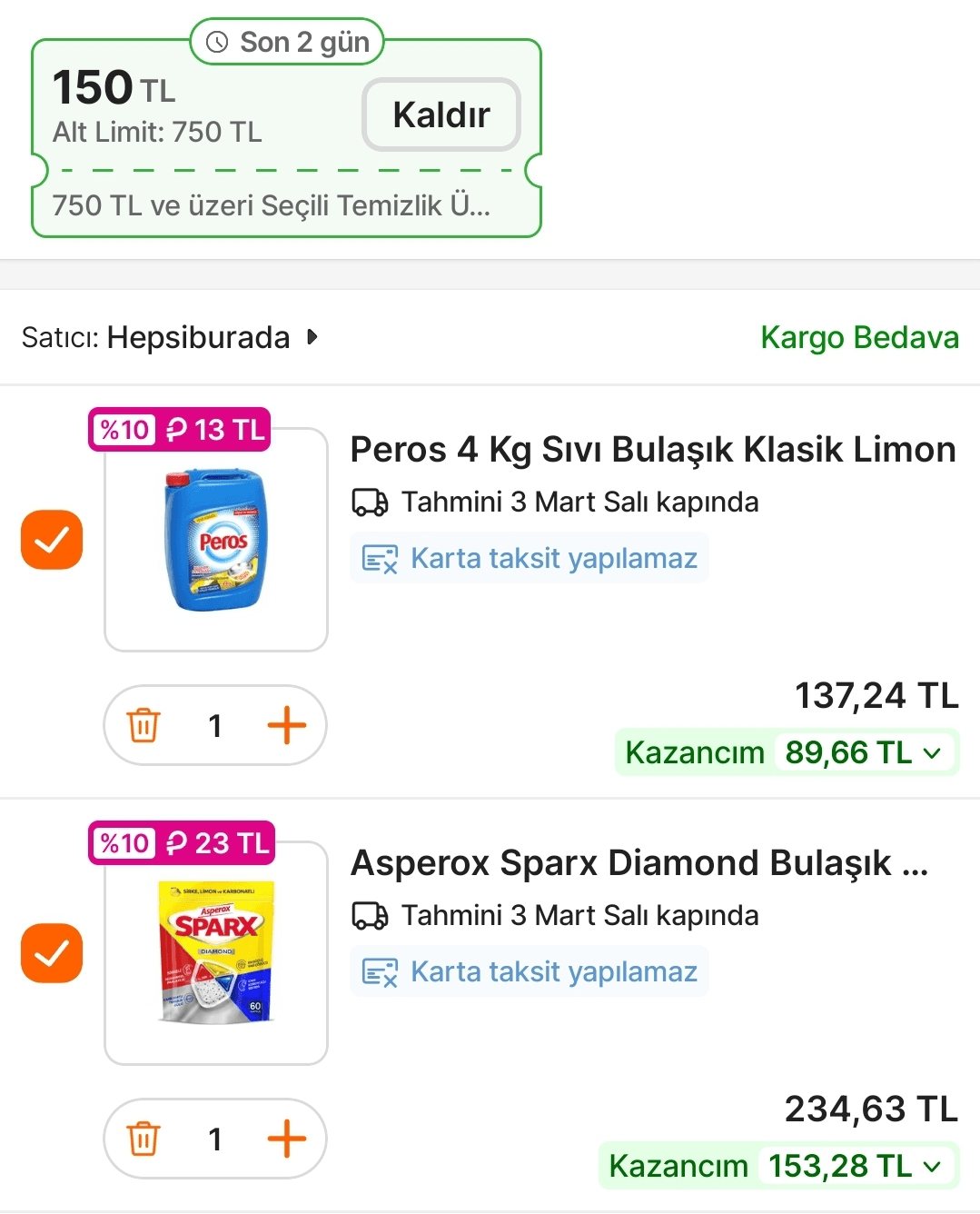 Asperox 62 TL, 3 Litre Peros 103 TL, Bulaşık Makinesi Kapsülü 60 adet 211 TL