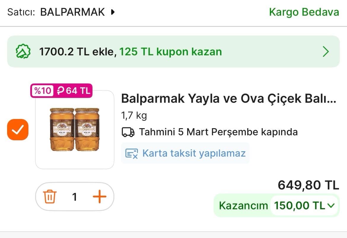 Balparmak 2 adet 850 gr çiçek balı LEZZET150 kodu ile 649 tl ye düşüyor 🥳