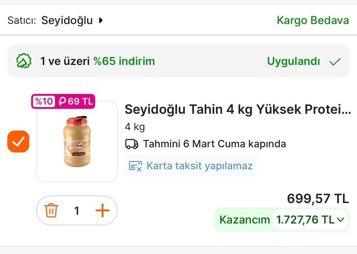 Seyidoğlu 4 kg tahin LEZZET150 kodu ile 699 tl ye düşüyor 🥳🥳