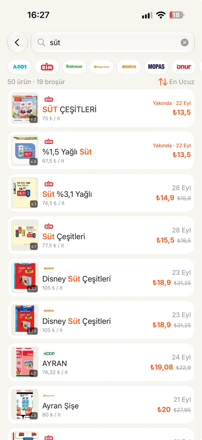 Broşürlerde süt araması: 50 ürün, 19 broşür, en ucuzdan sıralı