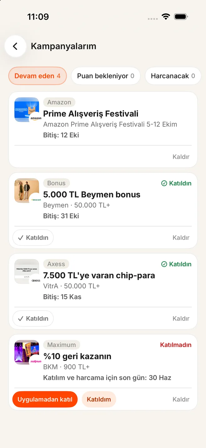Kampanyalarım: Devam eden, Puan bekleniyor ve Harcanacak sekmeleri